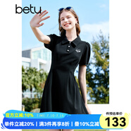 百圖betu女裝夏新款連衣裙時髦肌理收腰荷葉邊連衣裙女2303T95 黑色 L