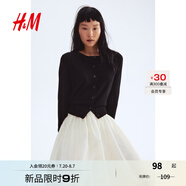 H&M女裝毛針織衫夏季慵懶風圓領長袖打底衫短款外套0579541 黑色001 M 165/96