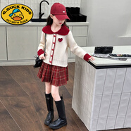 G.DUCKKIDS女童秋冬裙子過(guò)年套裝2025新款兒童百褶裙女孩大童學(xué)院風(fēng)新年衣服 套裝【米毛衣+紅裙子】 150 cm