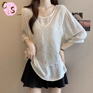 CS.LION假兩件短袖雪紡襯衫女夏季大碼胖mm設計感蕾絲拼接上衣半袖打底衫 米白色 M 90-105斤 