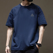 重磅純棉短袖t恤男夏季寬松休閑圓領(lǐng)美式半袖體恤潮牌上衣 藏藍色純棉短袖-2445 S 【建議90-115斤】
