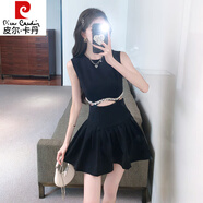 皮爾卡丹（pierre cardin）感輕奢重工鑲鉆連衣裙女夏鏤空設(shè)計(jì)假兩件泡泡袖百褶蓬蓬短裙 黑色無(wú)袖 L