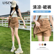 LISCN高腰牛仔短褲裙女夏季薄款2025年新款顯瘦辣妹設(shè)計(jì)感短褲子女 卡其色-[] L (建議105-115斤)-