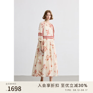 EIN墨間花鳥(niǎo) EIN言南法風(fēng)苧麻印花大擺花邊七分袖連衣裙2025夏新款 珊瑚紅 S