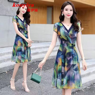 蔻伊婭品牌女裝碎花雪紡連衣裙女2025年夏季小個(gè)子女氣質(zhì)顯瘦夏天裙子女 中款藏青色 2XL 125-135斤