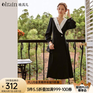 Olrain歐芮兒赫本風(fēng)連衣裙女秋冬收腰顯瘦法式復(fù)古拼色翻領(lǐng)長裙 黑色 XL 170/92A