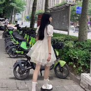 咚憬新款韓版時(shí)尚修身顯瘦高腰小個(gè)子蝴蝶結在逃公主蓬蓬裙連衣裙女夏 杏色 XXS