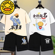 G.DUCKKIDS童裝男童夏裝套裝2023新款夏季短袖男孩大童運(yùn)動(dòng)上衣純棉兒童衣服 孤勇黑米白+孤勇黑褲+金榜白+08 170 cm適合160-170cm年齡13-15歲