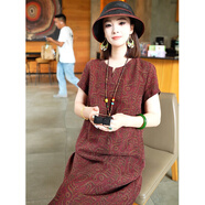 迪芬.璐嘉2025年夏季新款香云紗女復古真絲連衣裙女桑蠶絲杭州絲綢媽媽裙子 紅底紋 2XL /175（適合120-130斤左右）