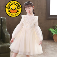G.duck品牌童裝女童連衣裙春秋新款蕾絲長(cháng)袖兒童公主裙洋氣中大童禮服時(shí) 米色 150