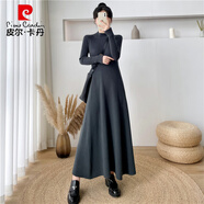 皮爾卡丹（pierre cardin）半高領(lǐng)打底內(nèi)搭針織連衣裙女秋冬裝新款氣質(zhì)顯瘦超長款毛衣裙長裙 灰藍色 S 建議80-95體重