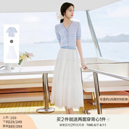 香影v領(lǐng)薄款針織衫女短袖2025夏裝新款藍色正肩t恤提花蝴蝶結(jié)上衣 套裝4 藍色毛衫＋半身裙套裝 S 155/80A/85-95斤