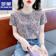 羅蒙（ROMON）純棉短袖T恤女夏季25新款新款圓領(lǐng)寬松小個子?jì)寢屝蓍e大碼印花小 灰色 XL (建議120斤到135斤)