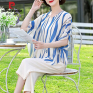 皮爾卡丹（pierre cardin）媽媽夏裝洋氣雪紡上衣服中年女裝夏裝時尚大碼中老年短袖T恤套裝 藍(lán)色 5XL (推薦150-165斤)
