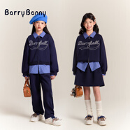 BARRY BANNY女童套裝秋裝6-14歲女孩假兩件上衣褲子裙子經(jīng)典格子兒童衛(wèi)衣簡約 藍色假兩件上衣 110/120cm(34-46斤)