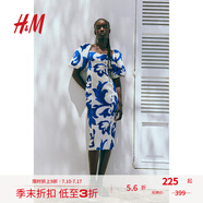 H&M女士花卉連衣裙夏季氣質(zhì)修身歐根紗五分袖燈籠袖連身裙1238363 白色/藍色圖案 170/104 L