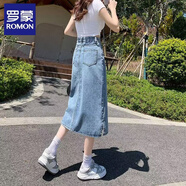 羅蒙（ROMON）開叉牛仔半身裙女中長款2025年春夏新款a字百搭高腰顯瘦包臀裙子 L(110-125斤拍)