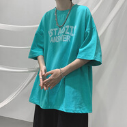 以純夏季短袖T恤男生新款休閑上衣學(xué)生潮流寬松五分袖體恤半袖打底衫 T17YSTA0ZIS-湖藍色 S
