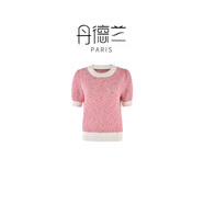丹德蘭小香風(fēng)粉色短袖t恤女2025新款圓領(lǐng)撞色上衣-2554 粉紅色 S （85-105）