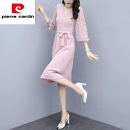 皮爾卡丹（pierre cardin）連衣裙女秋冬新品韓版V領(lǐng)雪紡長(zhǎng)袖針織拼接系帶顯瘦中長(zhǎng)款a字裙子 粉色 S 建議95以下