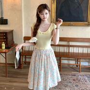 小野七天甜美風(fēng)套裝女2025新品日系風(fēng)娃娃領(lǐng)T恤顯瘦碎花a字半身裙兩件套 奶味藍半身裙 （帶內襯） M （建議90-105斤左右）