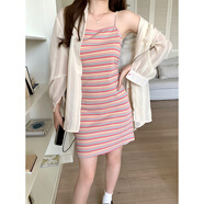 小野七天彩虹條紋吊帶連衣裙子女多巴胺穿搭夏季小個子包臀短裙 彩虹條紋 無外套 均碼 【70斤-110斤】