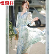 恒源祥新品顯瘦印花連衣裙女夏季2025新款百搭高級(jí)感顯瘦收腰淺綠色裙子 2391#連衣裙 M