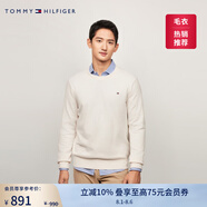 TOMMY HILFIGER【柔軟純棉】25秋冬男撞色條紋學(xué)院風(fēng)針織衫/情侶款純色毛衣 【簡(jiǎn)約合身毛衣】米白色AWD XS （推薦：120斤以下）