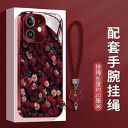 適用于蘋(píng)果12紅玫瑰電鍍玻璃殼防摔手機殼女款高級感保護 電鍍玻璃殼-酒紅色-紅玫瑰+ 五葉花掛繩 蘋(píng)果12