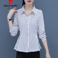 皮爾卡丹蕾絲衫條紋長(cháng)袖襯衫春夏裝新款韓版時(shí)尚雪紡上衣女百搭襯衣女士 白色 條紋 2XL 118-128斤