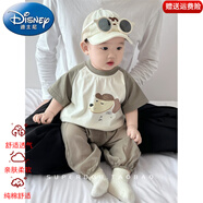 迪士尼（Disney）嬰兒套裝夏季薄款超萌可愛T恤上衣寶寶夏裝防蚊褲兩件套洋氣周歲 小狗短袖+灰綠色防蚊褲兩件套 80 尺碼7-11月(建議寶寶75-85cm)