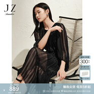 玖姿·安娜蔻優(yōu)雅浪漫壓褶竹節(jié)肌理收腰連衣裙蛋糕裙女2025春季新款 素黑 L