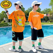 G.DUCKKIDS男童短袖套裝兒童夏裝2024新款洋氣中大童T恤五分褲男孩短褲套裝 MG皮丘套裝-桔色 150 cm