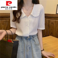 皮爾卡丹（pierre cardin）小清新田園風(fēng)法式小衫女高檔洋氣短袖減齡娃娃領(lǐng)短款雪紡上衣開(kāi)衫 女裝十大品牌 白色 M 建議80-斤