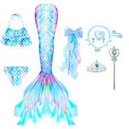 瑞央美人魚(yú)尾巴兒童泳衣人魚(yú)公主裙寶寶比基尼三件套小女孩度假沙灘服 藍星沫璃三件套+配飾2+項鏈5件套 110