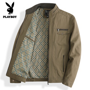 花花公子（PLAYBOY）爸爸裝春秋純棉夾克衫中年男士立領(lǐng)寬松外套秋裝男40-50歲薄上衣 【立領(lǐng)拉鏈】深卡其色 兩個(gè)內口 L 175【建議110-130斤】