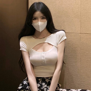 浮夏露臍裝女短袖性感緊身低胸裝上衣夏季辣妹主播露臍短款t恤打底衫 白色 S