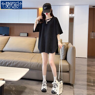 莫代爾不規(guī)則中長款短袖t恤女春裝2025新款寬松慵懶風(fēng)百搭減齡V領(lǐng)上衣女 黑色 L 建議120135斤