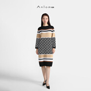 婭奴（A n l o m）Anlom/婭奴連衣裙早秋拼接花紋套頭中長(zhǎng)款毛衣裙黑白棕花紋打底裙 黑白咖 95/L 均碼
