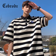 Cebrodz法國 短袖男條紋短袖polo衫男夏季港風(fēng)翻領(lǐng)體恤休閑百搭寬松半袖 黑條紋 XL