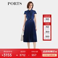 PORTS寶姿女裝春夏新款通勤襯衫領(lǐng)拼接百褶收腰短袖中長(zhǎng)連衣裙 丈青 S (4)