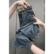 智兜兜高檔春季新款高腰寬松牛仔褲女顯瘦梨型身材胖九分褲束腳馬 磨砂灰藍(lán)色 酷奇松緊腳口牛仔褲 均碼 M 建議80-100斤