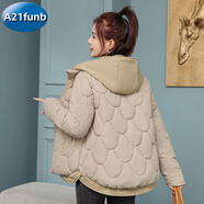 A 21 FUNB2025冬季新款假兩件棉服女裝加厚連帽小個(gè)子棉衣韓版短款外套 卡其色 M 【建議95-120斤】