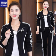 羅蒙運(yùn)動(dòng)服套裝女2025秋季新款洋氣顯瘦立領(lǐng)外套闊腿褲休閑時(shí)髦兩件套 黑色 M 【建議100斤以內(nèi)】