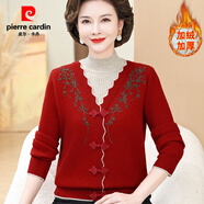 皮爾卡丹（pierre cardin）媽媽裝冬裝加絨加厚毛衣套裝中老年女冬季百搭假兩件洋氣國風上衣 紅色 M 建議80-100斤