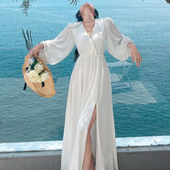 海邊度假連衣裙高級感沙灘裙女夏季超長(cháng)款白色長(cháng)裙V領(lǐng)燈籠袖裙子 白色 送抹胸 XS