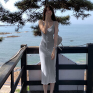 UKUHPK2025夏季韓版女裝V領(lǐng)系帶吊帶毛衣裙包臀針織連衣裙顯瘦長(zhǎng)裙 灰色 L