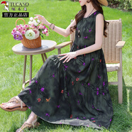 啄木鳥復(fù)古油畫風(fēng)印花棉綢連衣裙女2025夏感寬松顯瘦飄逸無袖背心裙 17# 4XL 建議140-155斤