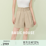 Basic House/百家好壓褶卷邊闊腿短褲子高腰顯瘦直筒褲夏季新款女 卡其 S