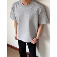 Shelley Jones藏青色閃電刺繡短袖t恤男款夏季顯肩寬半截袖cleanfit小領(lǐng)口體恤 淺灰色 L [推薦100-120斤]